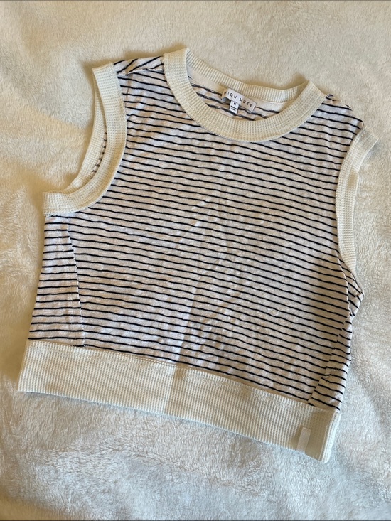 Miou Muse Tops - Miou Muse White and Blue Striped Sleeveless Knit Top